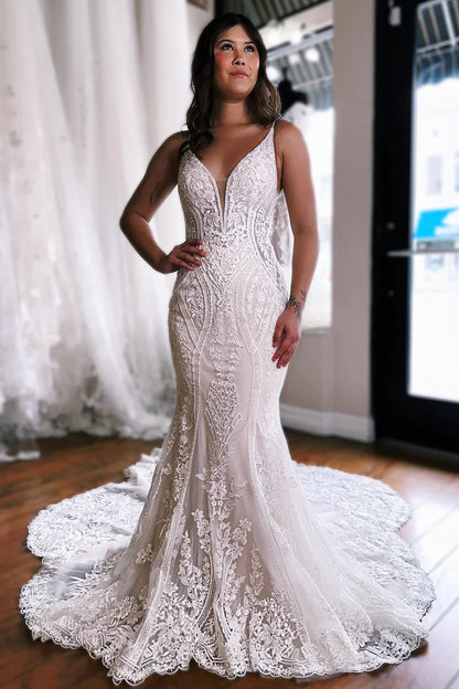 Mermaid V Neck Ivory Lace Wedding Dresses