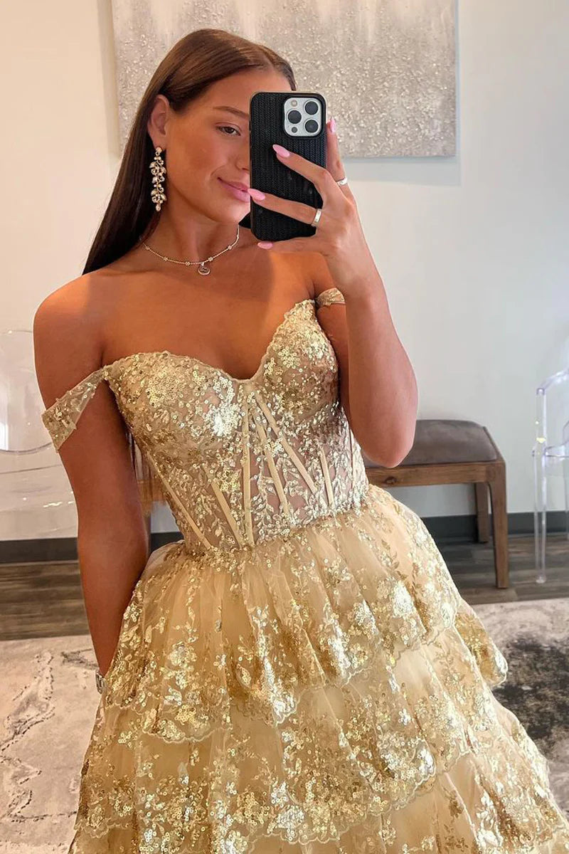 Ball Gown Off the Shoulder Gold Sequin Lace Prom Dress