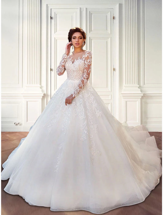 Engagement Formal Fall Wedding Dresses Ball Gown Illusion Neck Long Sleeve Court Train Lace Bridal Gowns With Lace Appliques Summer Wedding Party , Women‘s Clothing