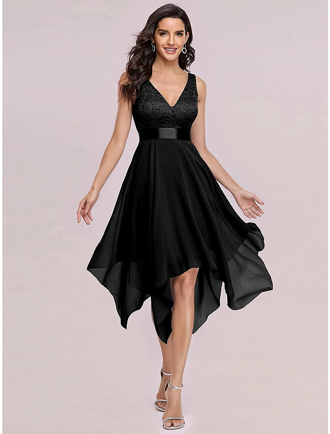 A-Line Cocktail Dresses Party Dress Homecoming Wedding Guest Asymmetrical Sleeveless V Neck Chiffon V Back with Pure Color Splicing