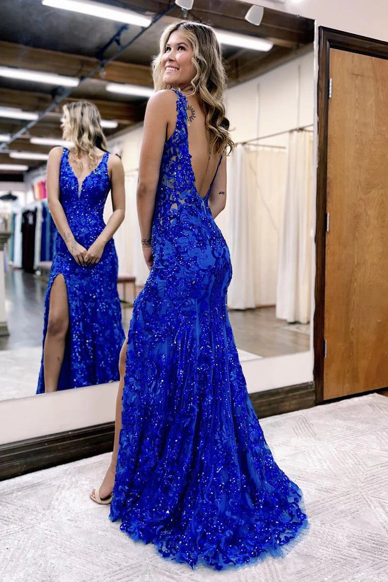 Royal Blue Backless V Neck Sequins Lace Long Dress Mermaid Prom Dress