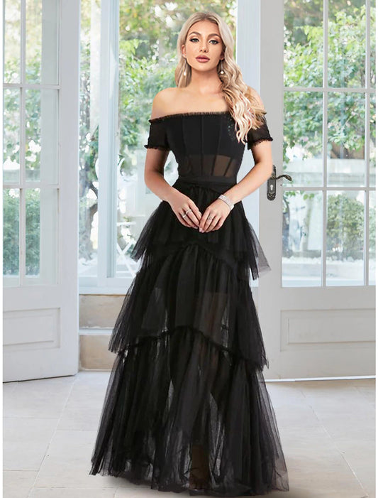 Ball Gown Prom Dresses Corsets Dress Masquerade Prom Floor Length Sleeveless Off Shoulder Tulle with Ruffles Pure Color