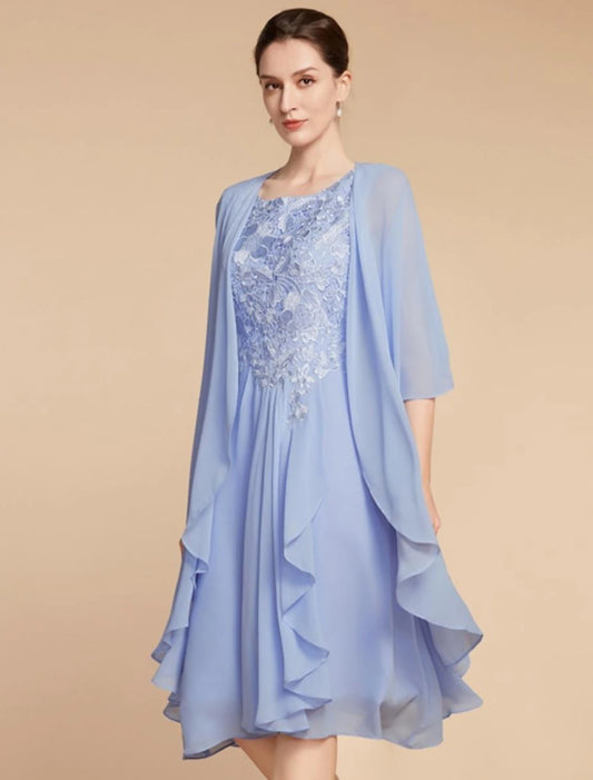 Two Piece Sheath / Column Mother of the Bride Dress Wedding Guest Elegant Petite Scoop Neck Knee Length Chiffon Lace Half Sleeve with Ruching Solid Color