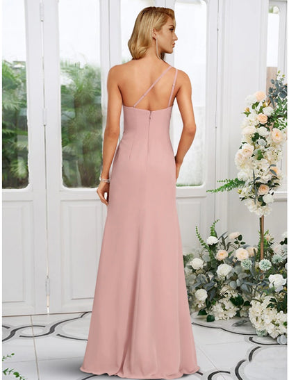 A-Line Bridesmaid Dress One Shoulder Sleeveless Elegant Floor Length Chiffon with Split Front / Ruchin