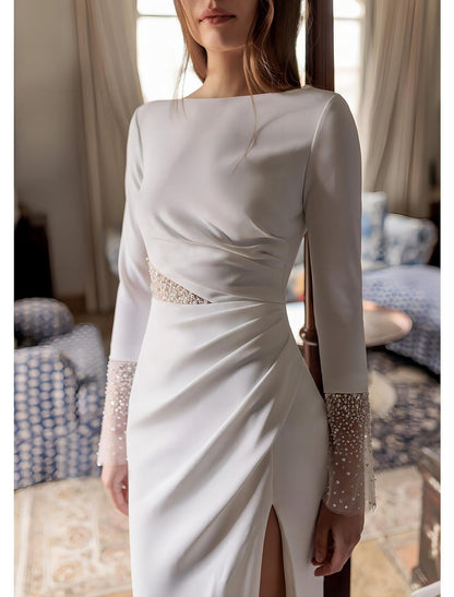 Beach Formal Wedding Dresses A-Line Boat Neck Long Sleeve Floor Length Chiffon Bridal Gowns With Ruched Beading