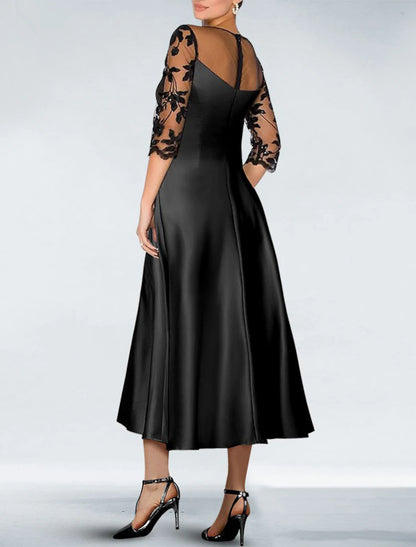 A-Line Cocktail Black Dress Appliques Elegant Dress Fall Wedding Guest Dress For Mother Knee Length 3/4 Length Sleeve Off Shoulder Pocket Satin with Beading Pocket