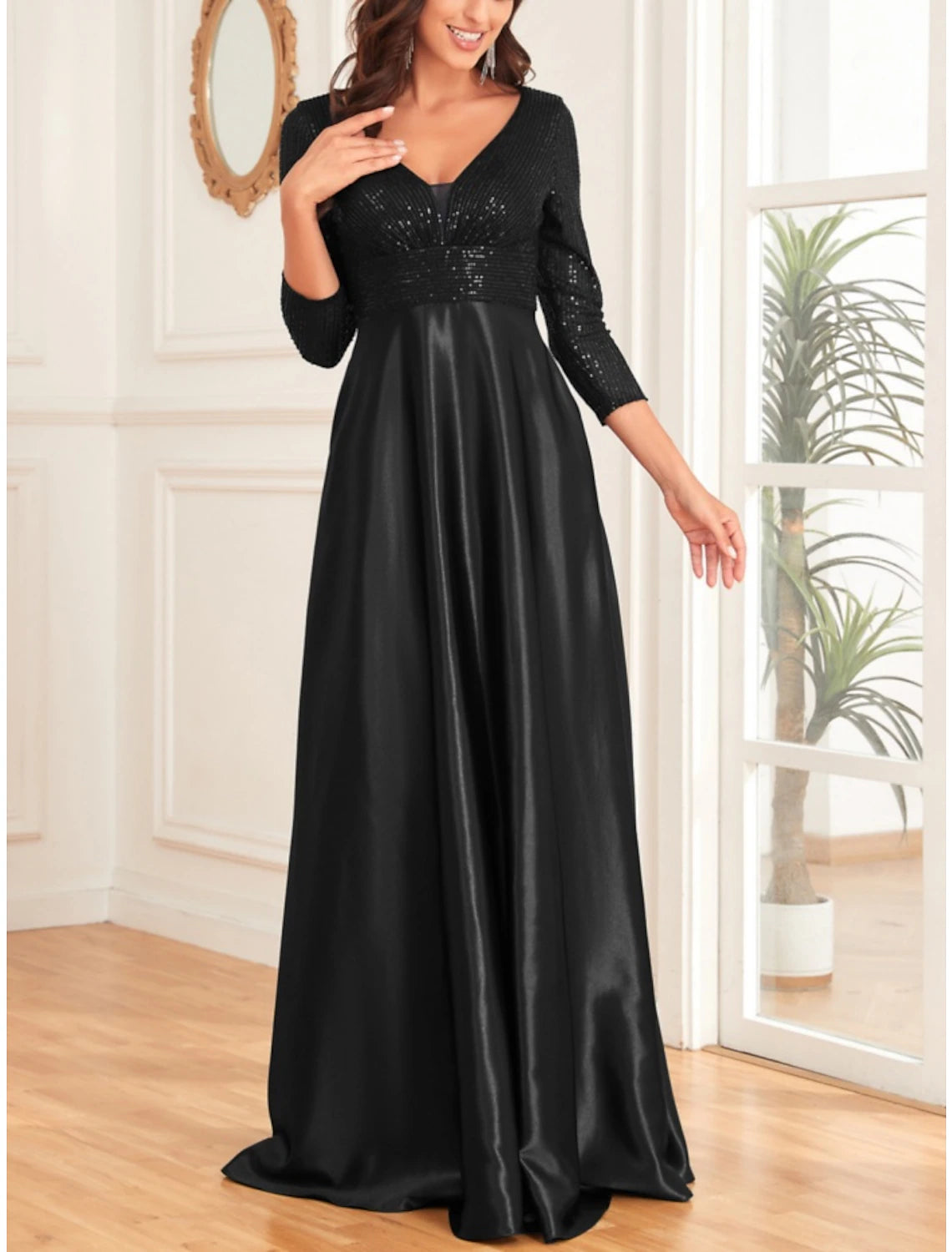 A-Line Mother of the Bride Dress Wedding Guest Elegant V Neck Floor Length Satin 3/4 Length Sleeve with Sequin Ruching