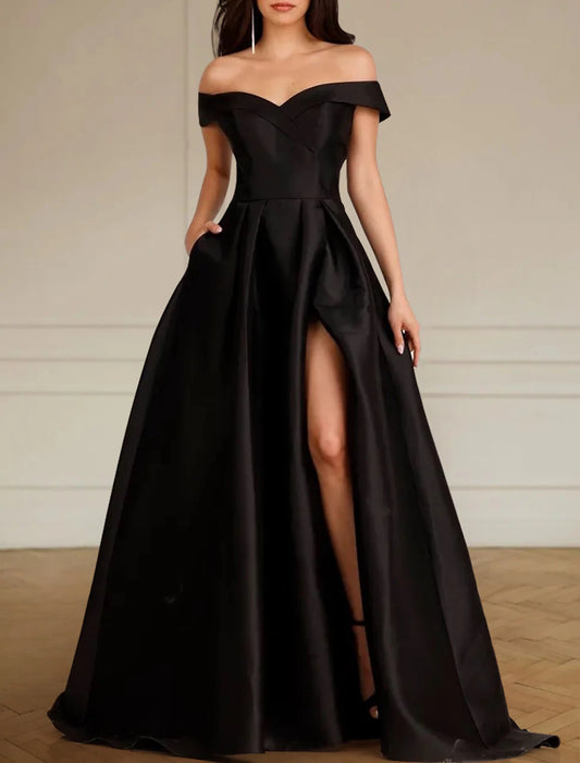 Black Wedding Dresses Formal A-Line Off Shoulder Sleeveless Sweep / Brush Train Satin Fall Halloween Engagement Bridal Gowns With Pleats Split Front