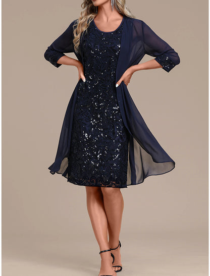 Women's Sequin Dress Party Dress Sparkly Dress Two Piece Dress Set Lace Dress Daily Fashion Mature Mesh Sequin Midi Dress Crew Neck Long Sleeve Plain Regular Fit Navy Blue Spring Fall