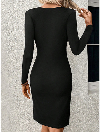 Women's Black Dress Party Dress Cocktail Dress Mini Dress Black Long Sleeve Pure Color Ruched Spring Fall Winter Crew Neck Fashion Winter Dress Wedding Guest Vacation