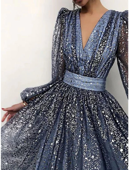 Women's Sequin Dress Party Dress Sparkly Dress Dress Homecoming Dress Sheath Dress Swing Dress Midi Dress Dusty Rose Dusty Blue Long Sleeve Plain Ruched Winter Fall Spring V Neck