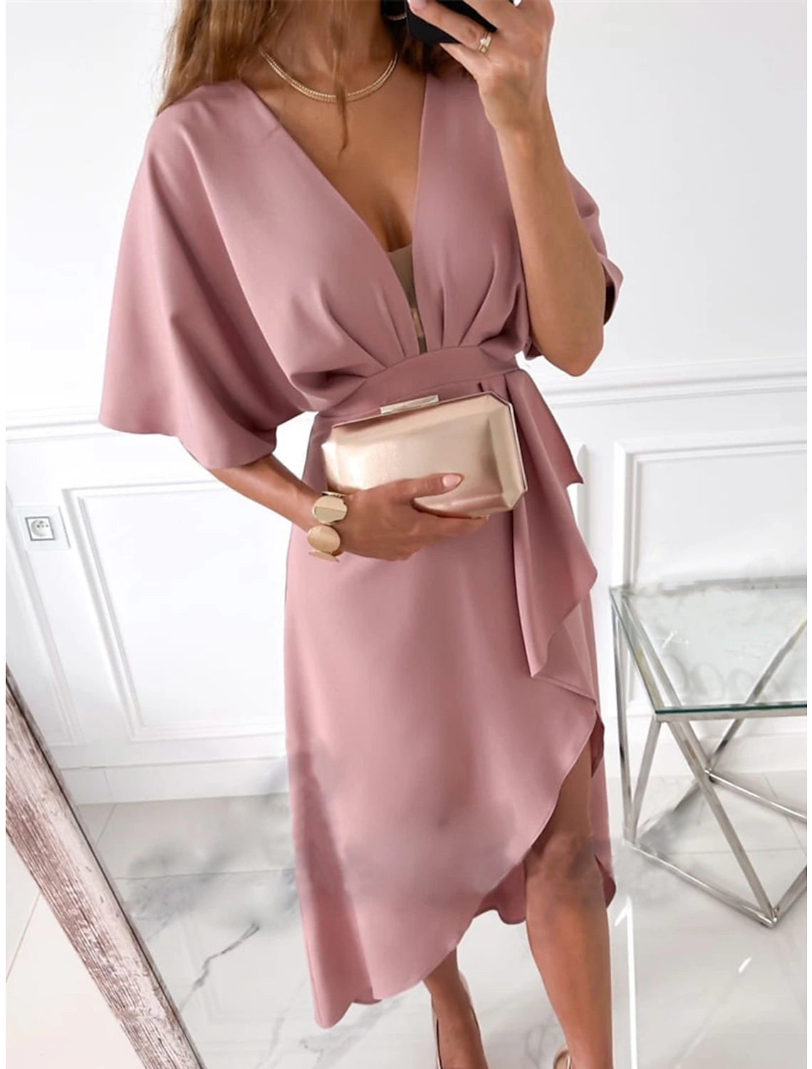 Women's Party Dress Cocktail Dress Satin Dress Midi Dress Pink Wine Half Sleeve Pure Color Ruffle Spring Fall Winter V Neck Fashion Winter Dress Wedding Guest Birthday