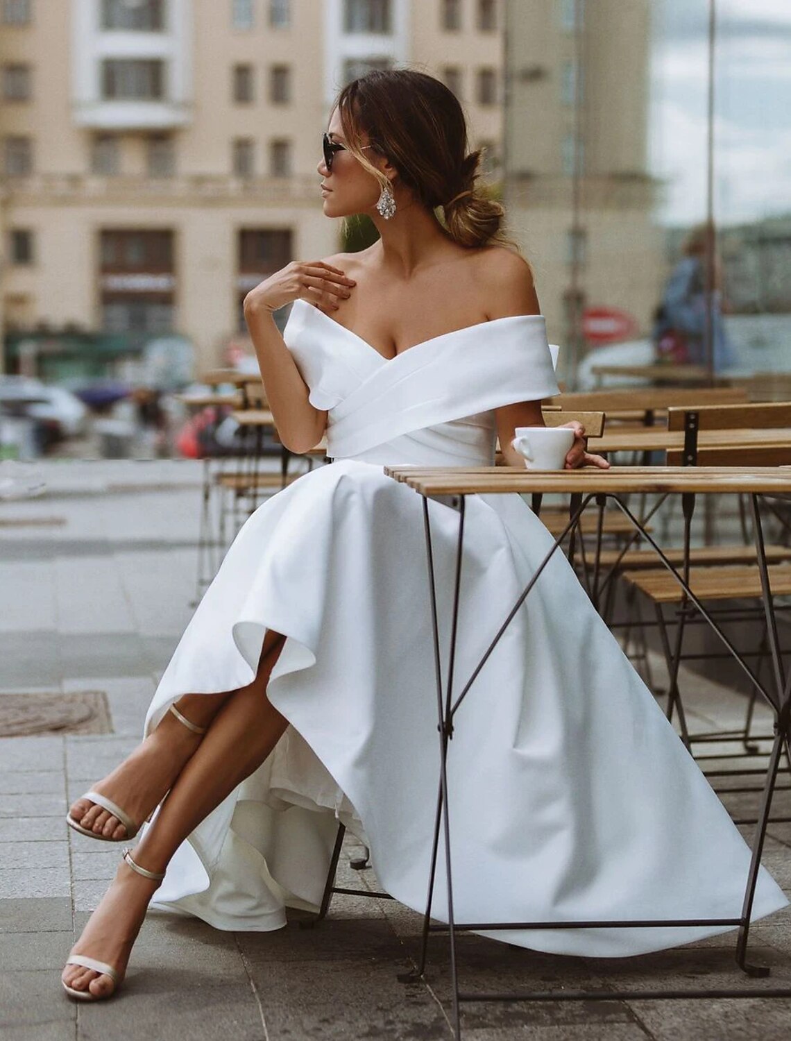 Little White Dresses Formal Wedding Dresses A-Line Off Shoulder Short Sleeve Tea Length Satin Bridal Gowns With Solid Color