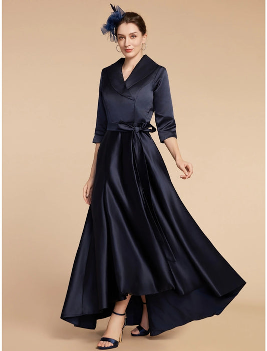 A-Line Mother of the Bride Dress Wedding Guest Elegant V Neck Ankle Length Satin Half Sleeve with Sash / Ribbon Ruching Solid Color