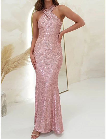 Women's Sequin Dress Prom Dress Party Dress Long Dress Maxi Dress Black Pink Red Sleeveless Plain Sequins Summer Spring Fall Halter Neck Elegant Wedding Guest Birthday Evening Party