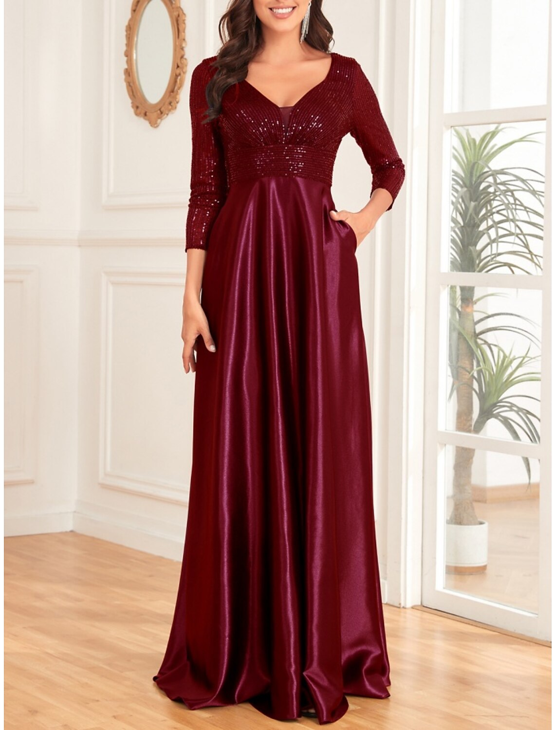 A-Line Mother of the Bride Dress Wedding Guest Elegant V Neck Floor Length Satin 3/4 Length Sleeve with Sequin Ruching