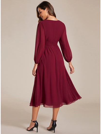 A-Line Wedding Guest Party Dress Elegant Dress Wedding Fall Tea Length Long Sleeve V Neck Chiffon with Ruched