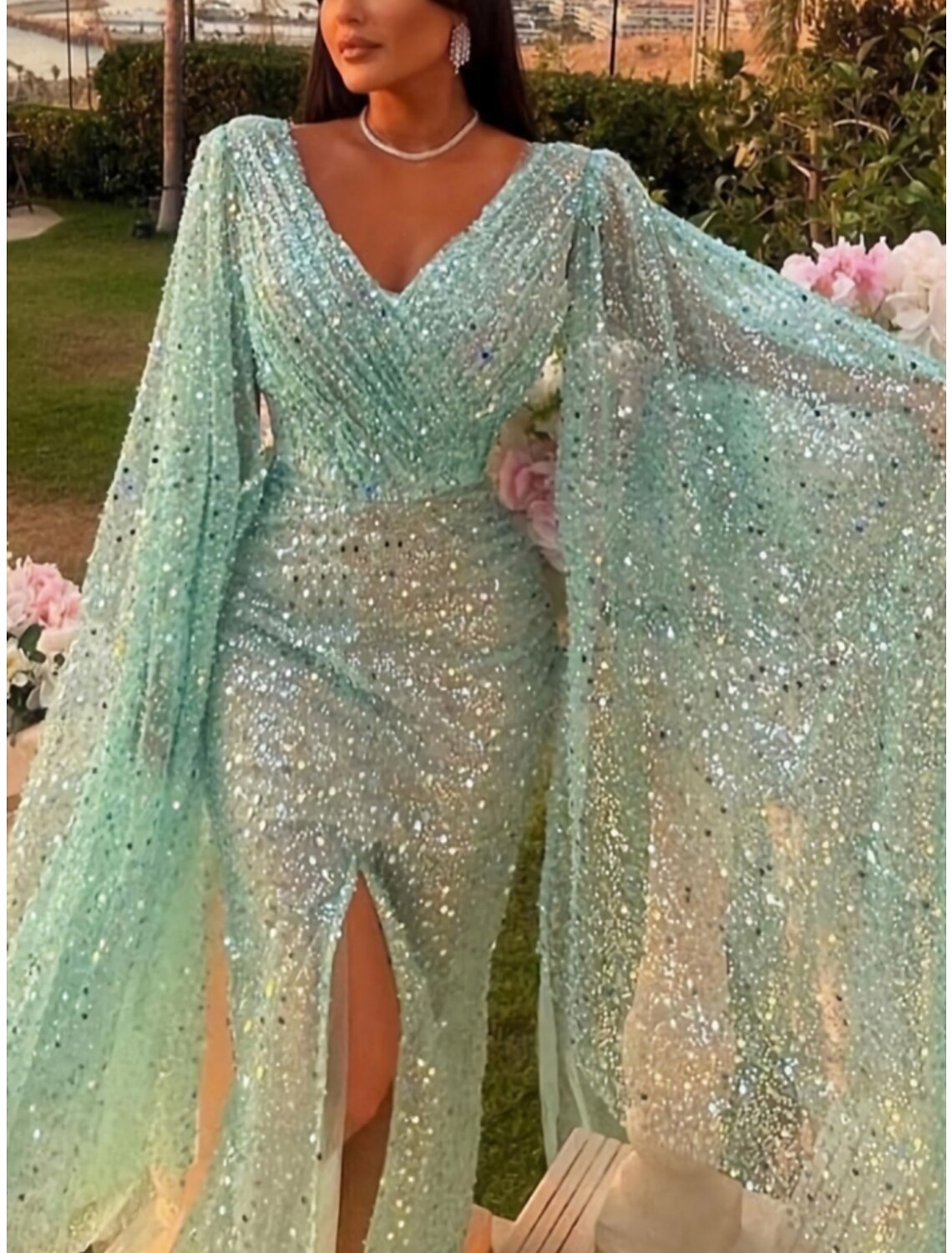 A-Line Evening Gown Elegant Dress Formal Floor Length Long Sleeve V Neck Sequined with Glitter Pleats Ruched