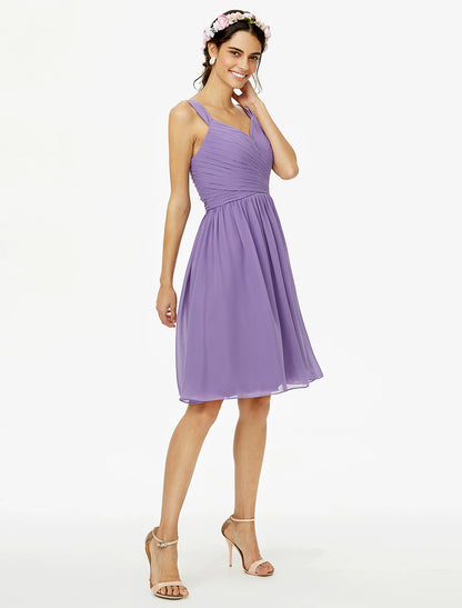 A-Line Bridesmaid Dress Straps Sleeveless Open Back Knee Length Chiffon with Sash / Ribbon / Bow(s) / Criss Cross