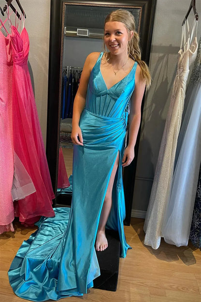 Blue Mermaid Satin V Neck Long Prom Dress with Slit