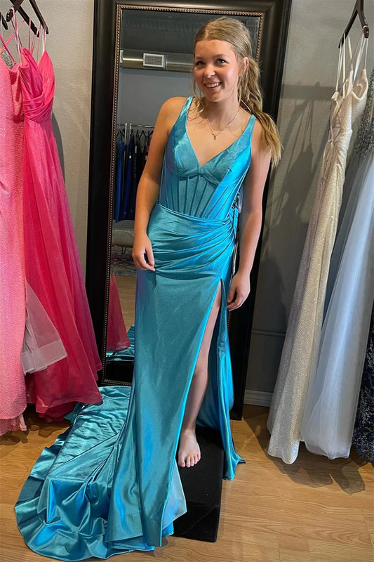 Blue Mermaid Satin V Neck Long Prom Dress with Slit