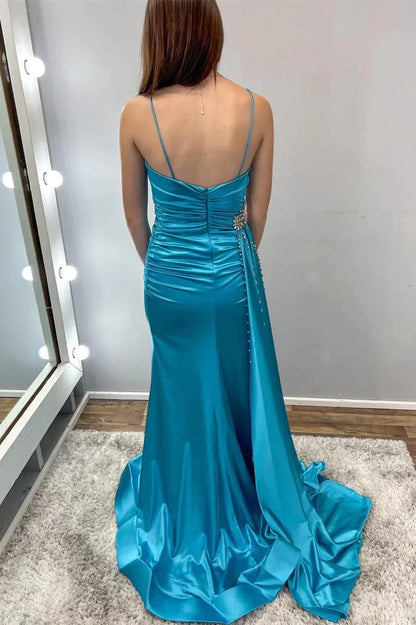 Teal Blue Beaded Spaghetti Strap Long Gown with Attached Train