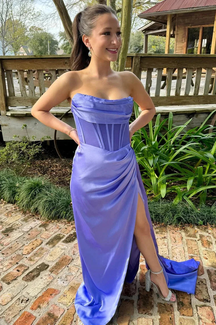 Periwinkle Strapless Pleated Prom Dress with Attached Train