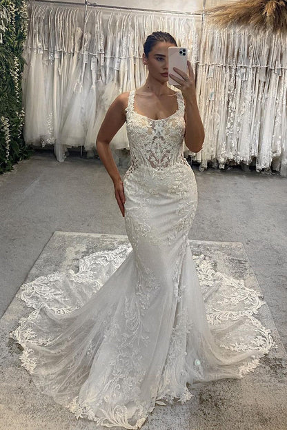 Gorgeous Mermaid Scoop Neck Lace Wedding Dresses