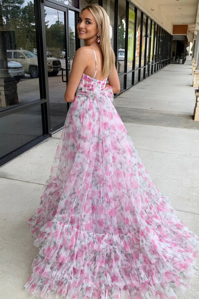 Pink Print Halter Keyhole A-Line Long Prom Dress