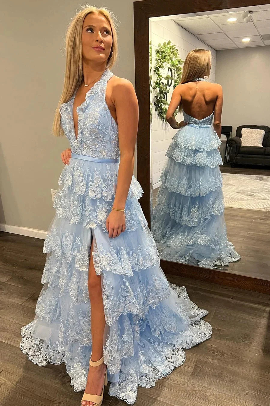 Light Blue Tulle Appliques Halter Ruffle Tiered Long Prom Dress