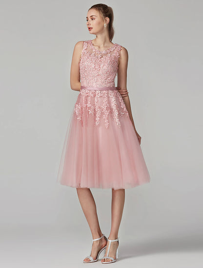 A-Line Cute Dress Cocktail Party Prom Knee Length Sleeveless Illusion Neck Tulle Over Lace with Beading Appliques