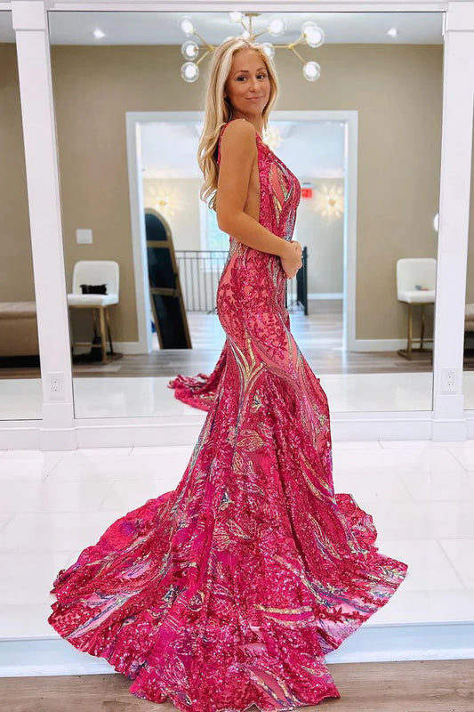 Fuchsia Sequin Lace V Neck Mermaid Long Prom Dresses