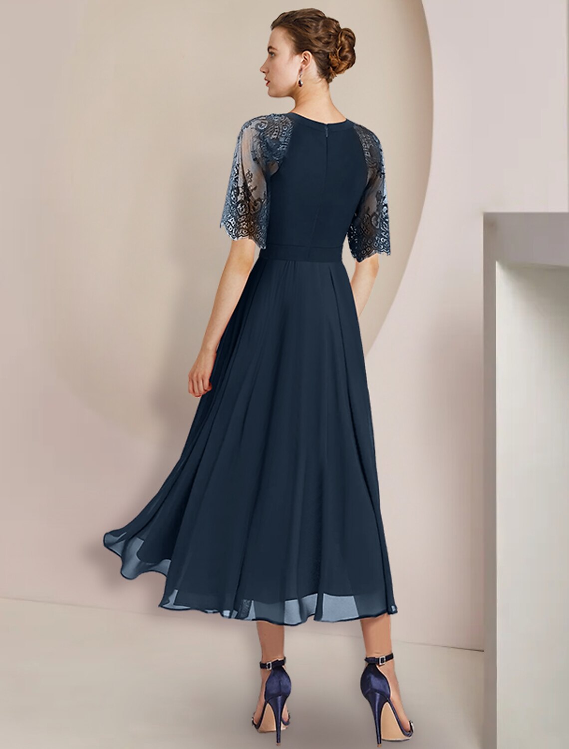 A-Line Mother of the Bride Dress Formal Wedding Guest Party Elegant High Low Scoop Neck Tea Length Chiffon Lace 3/4 Length Sleeve with Pleats Crystal Brooch