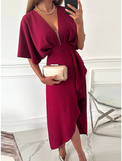 Women's Party Dress Cocktail Dress Satin Dress Midi Dress Pink Wine Half Sleeve Pure Color Ruffle Spring Fall Winter V Neck Fashion Winter Dress Wedding Guest Birthday