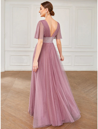 A-Line Bridesmaid Dress V Neck Short Sleeve Plus Size Floor Length Tulle with Ruffles / Draping / Tier/ Butterfly Sleeve