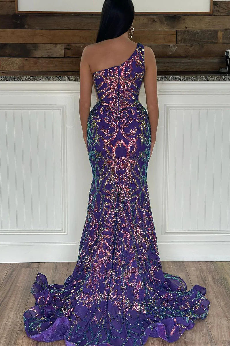 Purple One Shuolder Sequin Lace Mermaid Prom Dresses