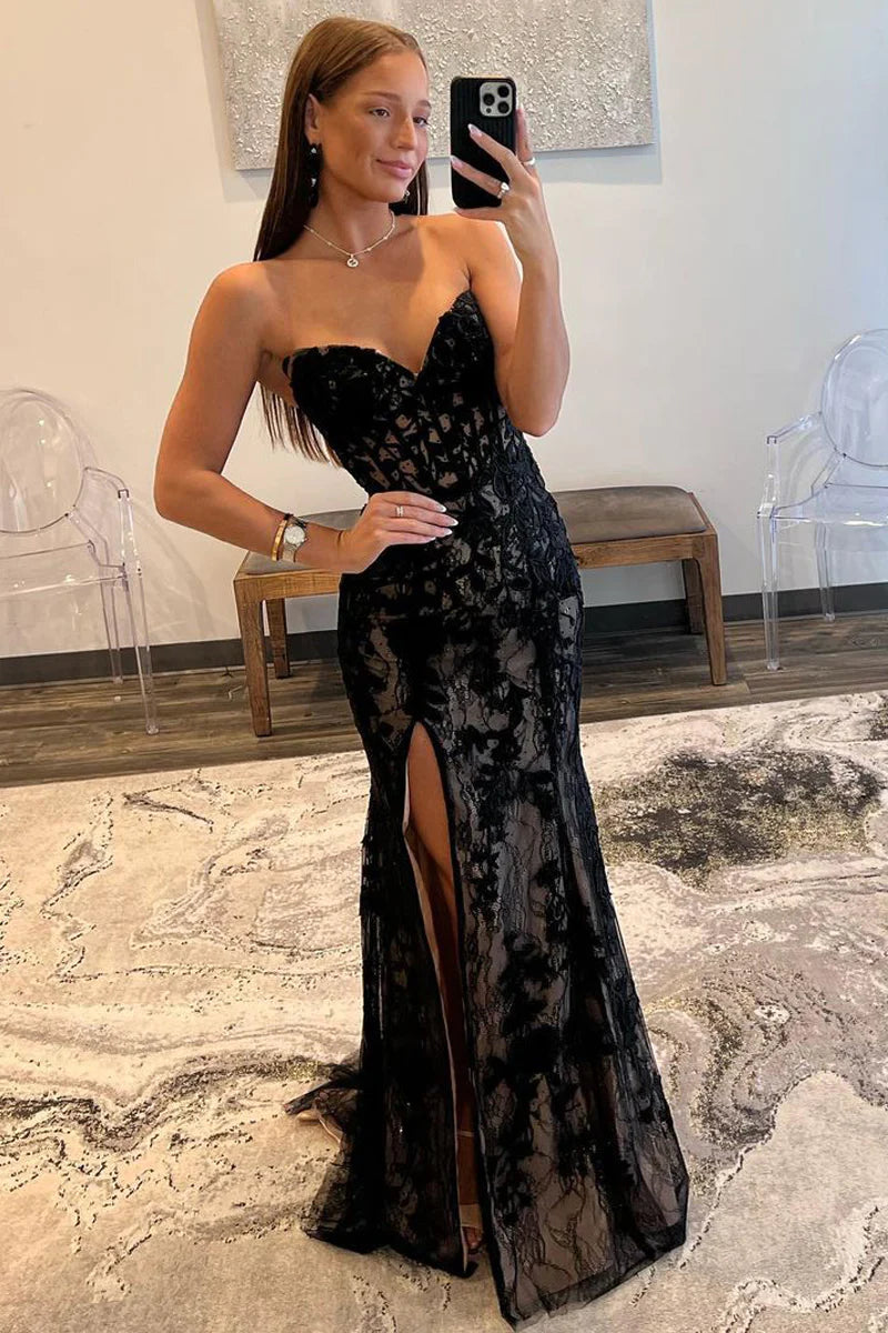 Gorgeous Mermaid Strapless Black Lace Long Prom Dresses