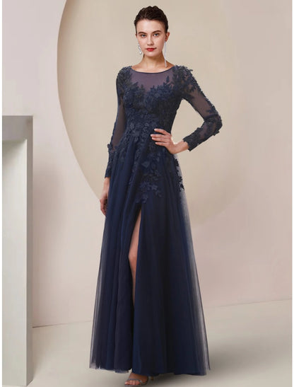 A-Line Mother of the Bride Dress Wedding Guest Elegant Scoop Neck Ankle Length Lace Tulle Long Sleeve with Split Front Ruchin