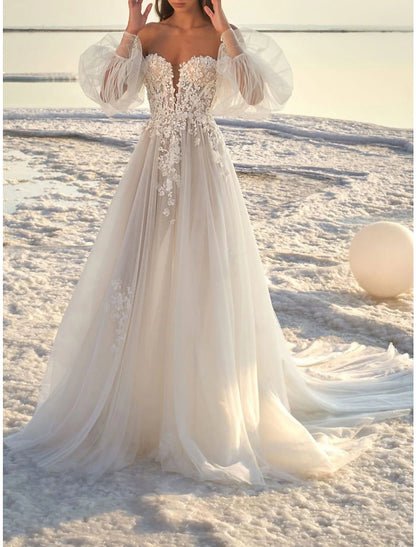 Beach Formal Wedding Dresses A-Line Off Shoulder Long Sleeve Court Train Lace Bridal Gowns With Appliques Summer Fall Wedding Party, Women's Clothing