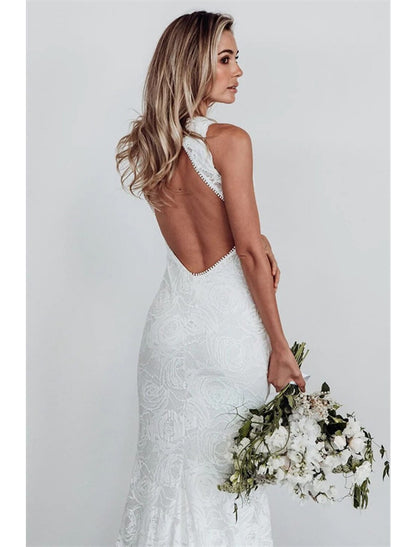 Beach Open Back Boho Wedding Dresses Mermaid / Trumpet Halter Sleeveless Chapel Train Lace Bridal Gowns With Appliques Solid Color Summer Fall Wedding Party, Women's Clothing