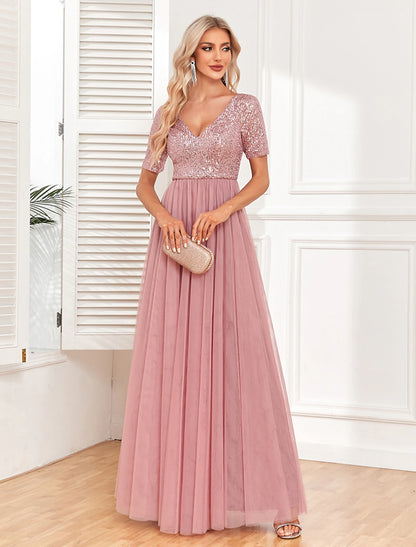 Women's Sequin Dress Party Dress Cocktail Dress Long Dress Maxi Dress Pink Short Sleeve Pure Color Zipper Summer Spring Fall V Neck Formal Evening Party