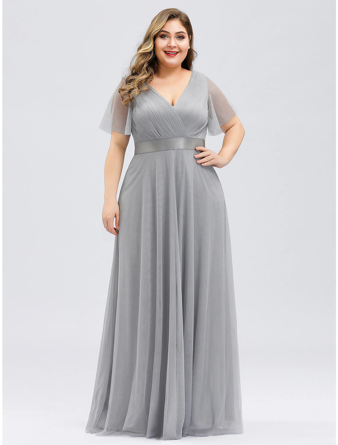 A-Line Empire Wedding Guest Prom Dress V Neck V Back Short Sleeve Floor Length Chiffon with Pleats Ruche