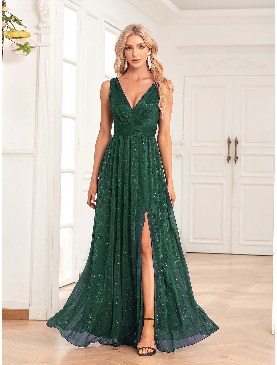 A-Line Evening Gown Empire Dress Wedding Guest Party Wear Floor Length Sleeveless V Neck Spandex V Back with Glitter Slit