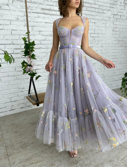 A-Line Prom Dresses Floral Dress Formal Evening Birthday Floor Length Short Sleeve Square Neck Fall Wedding Guest Lace with Pleats Appliques