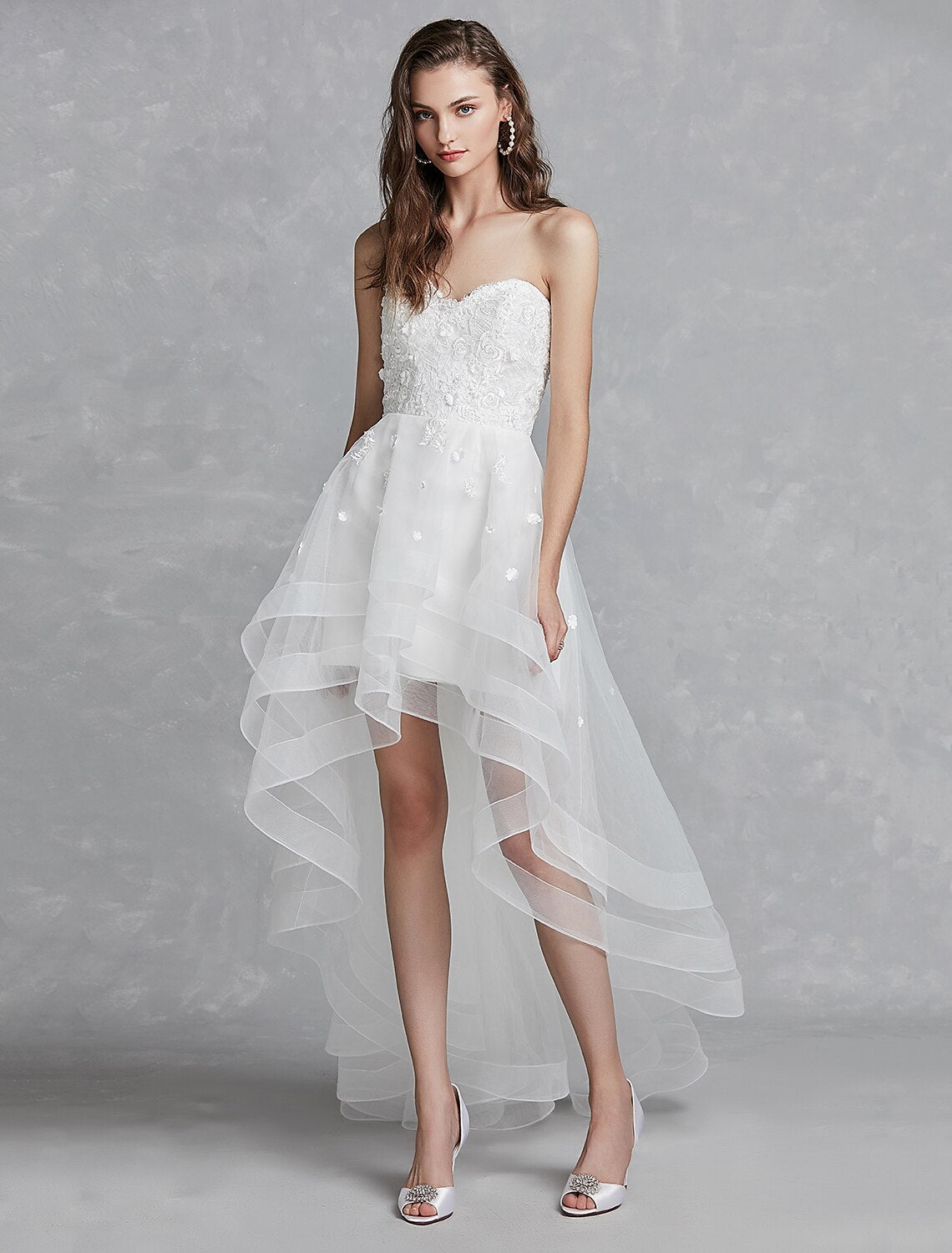 Reception Little White Dresses Wedding Dresses A-Line Sweetheart Strapless Asymmetrical Lace Bridal Gowns With Appliques