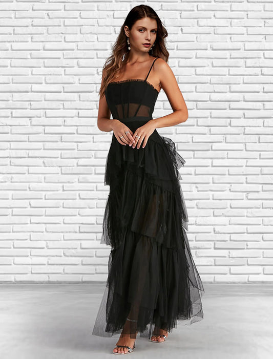 A-Line Prom Dresses Corsets Dress Party Wear Prom Ankle Length Sleeveless Strapless Tulle Ladder Back with Ruffles Pure Color