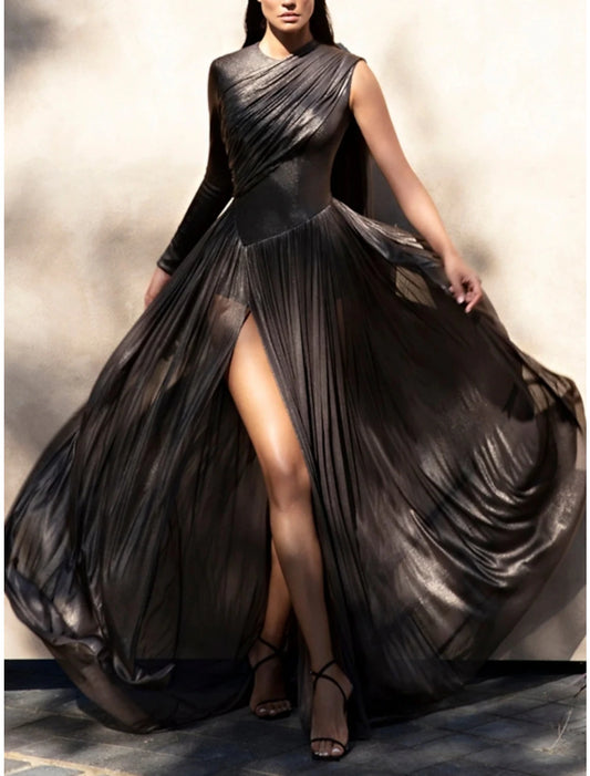 Sheath / Column Evening Gown High Split Dress Formal Fall Sweep / Brush Train Long Sleeve Jewel Neck Tulle with Pleats Slit