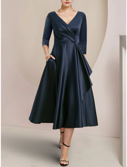 A-Line Mother of the Bride Dress Wedding Guest Elegant Petite V Neck Tea Length Satin 3/4 Length Sleeve with Ruching Solid Color