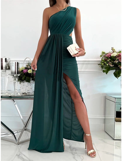 Women‘s Prom Dress Wedding Guest Party Dress Homecoming Dress Formal Dress Long Dress Maxi Dress Pink Red Green Sleeveless Pure Color Backless Summer Spring Fall One Shoulder Party Evening