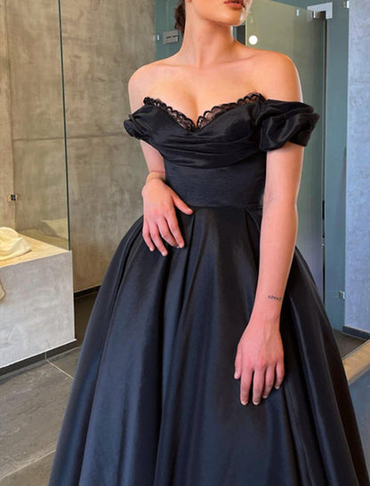 A-Line Prom Black Dress Vintage Dress Masquerade Wedding Party Tea Length Short Sleeve Off Shoulder Fall Wedding Guest Satin with Ruched